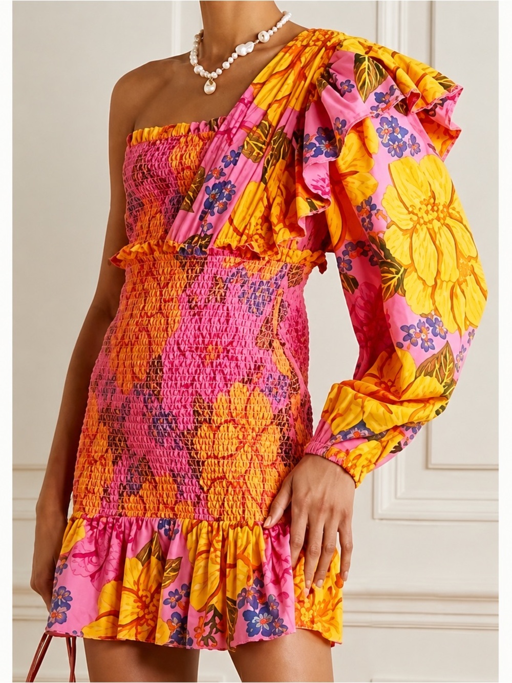 Farm Rio Flower Garden One Shoulder Smocked Mini Dress Size L Tropical Boho NEW